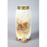 A ROYAL WORCESTER VASE, shape G42, with four feet and a pierced neck painted with Highland Cattle by