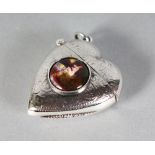 A .925 SILVER NOVELTY ENGRAVED HEART SHAPED VESTA with classical nude enamel plaque.