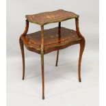 A FRENCH, MAHOGANY, ORMOLU AND MARQUETRY TWO TIER ETAGERE, 20TH CENTURY, inlaid with floral swags,