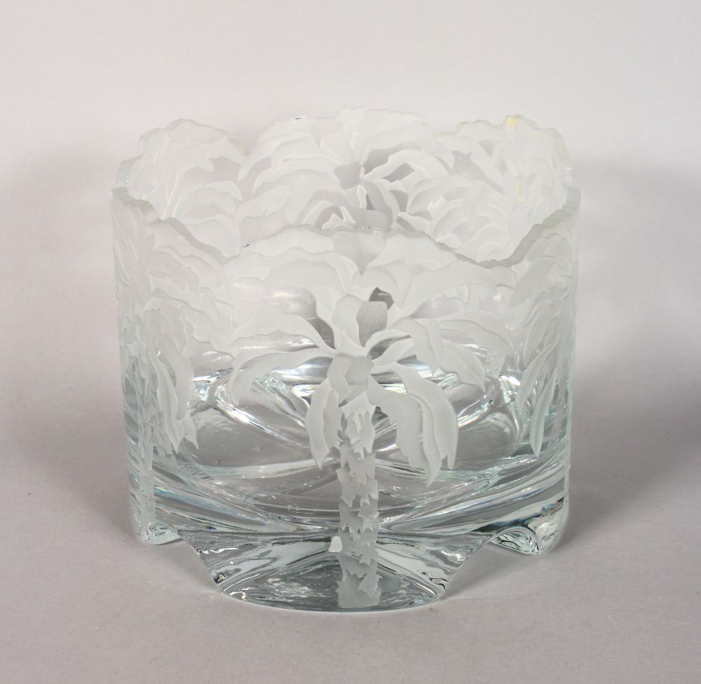 A VERY GOOD ENGRAVED GLASS "PALM TREES" BOWL. Signed on base. 6.5ins high.