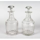 A GOOD PAIR OF SQUARE CUT DECANTER`S AND STOPPERS.