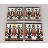 A SET OF FOUR MINTON "ANTHEMION" TILES. 7ins square. Provenance: Bonhams.