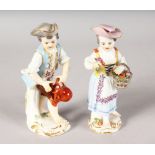 A GOOD PAIR OF 19TH CENTURY MEISSEN FIGURES OF A YOUNG BOY AND GIRL carrying a watering can and