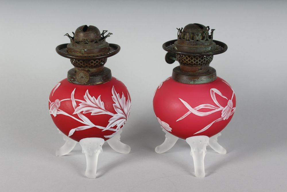 A SUPERB PAIR OF "WEBBS" STYLE RUBY CAMEO OIL LAMP BASES with flowers, thistles and leaves, each - Image 2 of 5