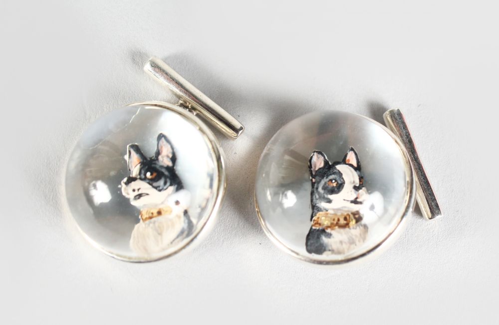 A PAIR OF SILVER ESSEX CRYSTAL "DOG" CUFFLINKS.