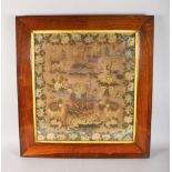 A GOOD 19TH CENTURY EMBROIDERED SAMPLER, decorated with tigers, birds, figures, signed Anne