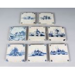 EIGHT ENGLISH AND DUTCH BLUE AND WHITE TILES, landscape and buildings, Circa. 1750. 5ins square.