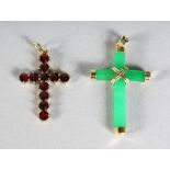 TWO GOLD, RUBY AND JADE CROSSES.