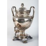 A VERY GOOD REGENCY TWO HANDLED SAMOVAR decorated with fruiting vines. Crested. 18ins high.