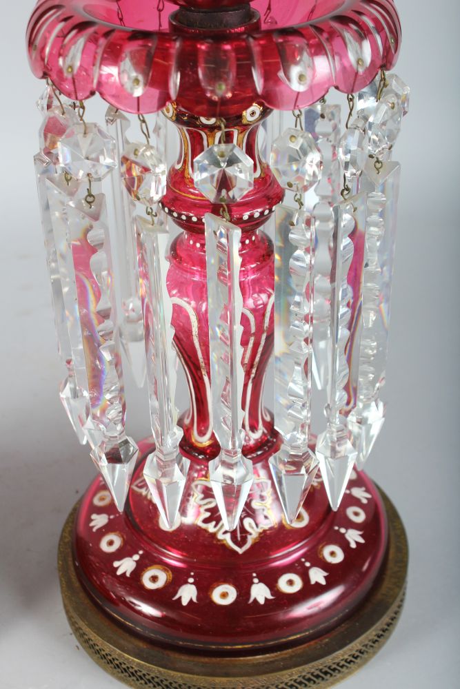 A SUPERB LARGE PAIR OF VICTORIAN BOHEMIAN RUBY GLASS LUSTRES, the domes gilded and painted with - Image 4 of 5