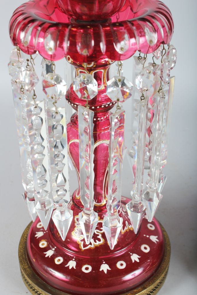 A SUPERB LARGE PAIR OF VICTORIAN BOHEMIAN RUBY GLASS LUSTRES, the domes gilded and painted with - Image 3 of 5
