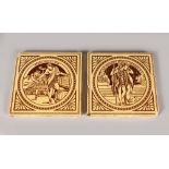 A PAIR OF MINTON CLASSICAL TILES, Circa. 1900. 6ins square.