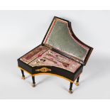 A VERY GOOD REGENCY MUSICAL PIANO SHAPED LADIES VANITY CASE, the lift up lid with mother-of-pearl