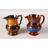 TWO VICTORIAN LUSTRE JUGS. 5.5ins high.