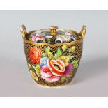 A 19TH CENTURY SPODE SMALL POT POURRI AND PIERCED COVER painted with gold scale on a floral