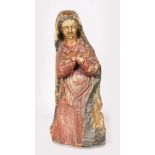 A 16TH-17TH CENTURY CARVED WOOD GILDED AND POLYCHROME FIGURE OF THE MADONNA, standing hands crossed.