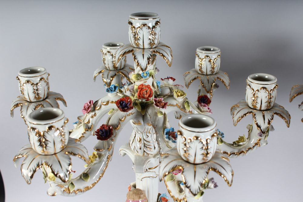 A LARGE PAIR OF MEISSEN DESIGN SEVEN LIGHT ENCRUSTED CANDELABRA, the stems with classical young - Image 4 of 6