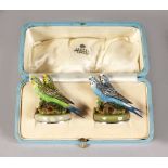 A SUPERB PAIR OF ASPREYS ENAMEL BUDGIE MENU HOLDERS, Circa. 1930, in an Aspreys box.