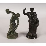 TWO SMALL GRAND TOUR BRONZES, MINERVA AND DISCUS THROWER. 6ins high.