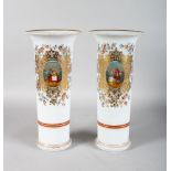 A VERY GOOD LARGE PAIR OF FRENCH MILK GLASS VASES, with gilt decoration and painted with ovals of