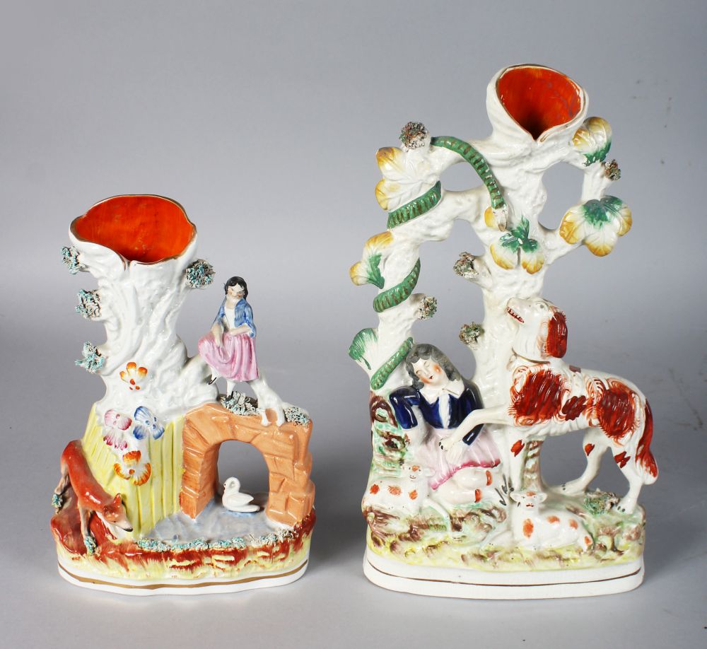 TWO STAFFORDSHIRE SPILL VASES, GIRL WITH ARCH, RIVER, SWAN AND FOX and SCOTTISH GIRL ASLEEP WITH DOG