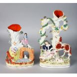 TWO STAFFORDSHIRE SPILL VASES, GIRL WITH ARCH, RIVER, SWAN AND FOX and SCOTTISH GIRL ASLEEP WITH DOG