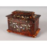 A VERY GOOD REGENCY TORTOISESHELL AND MOTHER-OF-PEARL TWO DIVISION TEA CADDY, on satinwood bun feet.