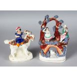 A STAFFORDSHIRE FIGURE OF A GIRL riding an encrusted goat, 5ins high, and AN ENCRUSTED ARCH with
