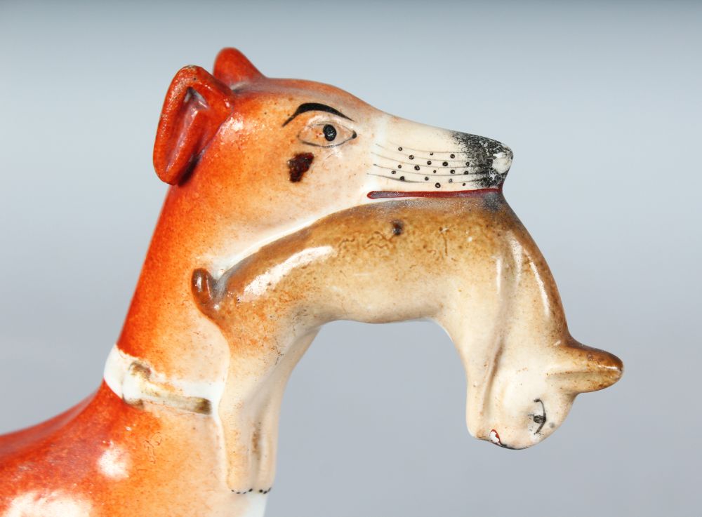 A PAIR OF STAFFORDSHIRE STANDING WHIPPETS with rabbits in their mouths, on waisted, encrusted, - Image 3 of 3