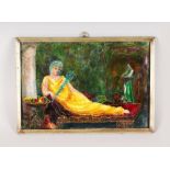 A GOOD ENAMEL FRAMED PANEL, reclining classical female. Monogrammed on reverse. 5ins x 7.5ins.