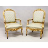 A GOOD PAIR OF 19TH CENTURY FRENCH CARVED AND GILDED FAUTEUIL, upholstered in a pale green classical