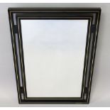 A FRENCH VINTAGE EBONISED MIRROR by PIERRE VANDEL, in black lacquer. 35.5ins x 23.5ins.