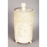 A GOOD EUROPEAN CARVED IVORY TUSK VASE AND COVER, carved with an oval of young lovers in a garden
