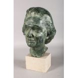 BRITISH SCHOOL (20TH CENTURY) BRONZE BUST OF A LADY, with green patina. 17ins high, on integral