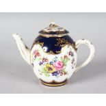 A SEVRES MORNING TEAPOT AND COVER painted with flowers surrounded by a blue ground, the cover with