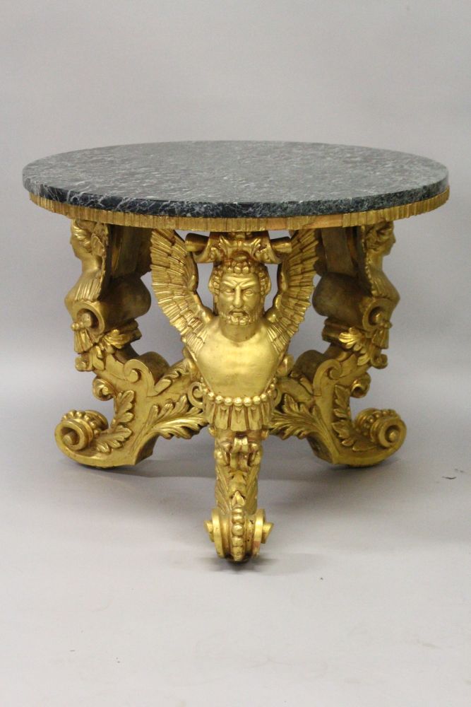 A GOOD PAIR OF 20TH CENTURY CARVED AND GILDED CIRCULAR LOW TABLES, with marble tops, the bases - Image 3 of 6