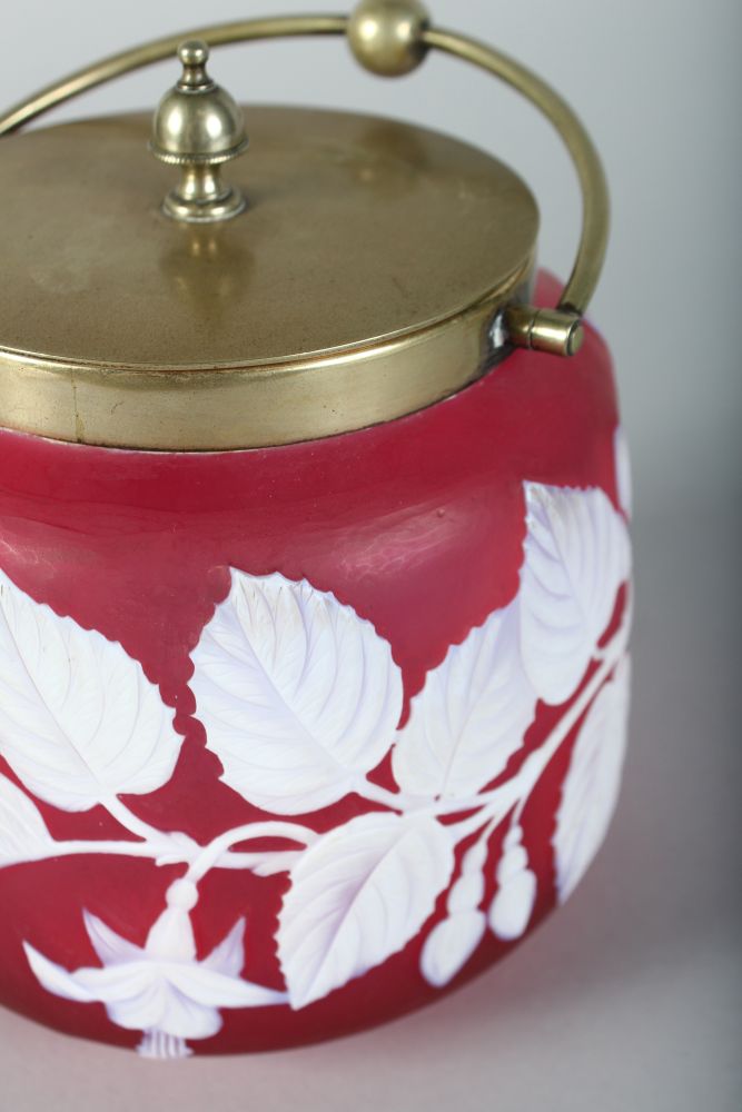 A SUPERB "WEBBS" STYLE RUBY CAMEO BISCUIT BARREL, CIRCA. 1880, with plated lid and handle. - Image 3 of 3