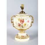 A LARGE WORCESTER PORCELAIN TWO HANDLED LAMP, painted with flowers.