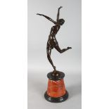 AFTER B. ZACH A BRONZE DANCER. Signed, on a marble base. 26ins high.