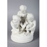 AN 18TH CENTURY SEVRES BISCUIT PORCELAIN FIGURE GROUP OF THREE CHILDREN, modelled seated by a