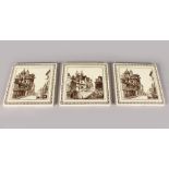 A SET OF THREE LARGE MINTON BLACK AND WHITE TILES, Circa. 1885, Continental Street Scenes. 8ins