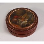 A GOOD SMALL REGENCY CIRCULAR TORTOISESHELL BOX, the lid painted with a scene after David Teniers.