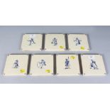 A SET OF SEVEN BLUE AND WHITE ENGLISH TILES, crackle glaze and figures. 5ins square. Provenance: