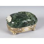 A GOOD EARLY 20TH CENTURY CHINESE SILVER & JADE OVAL BOX BY LUENWO OF SHANGHAI, the fruit form