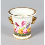 A 19TH CENTURY COALPORT PORCELAIN SPILL VASE with bird beak ring handles painted with flowers on a