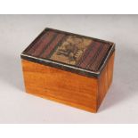 A SMALL WOODEN BOX with silver mounted fragment lid.
