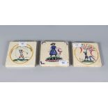 THREE ENGLISH COLOURED TILES, golf, shooting and watering garden. 5ins square. Provenance: Bonhams.