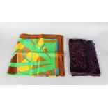 A COLOURFUL SILK SCARF and A MAUVE VELVET SCARF.