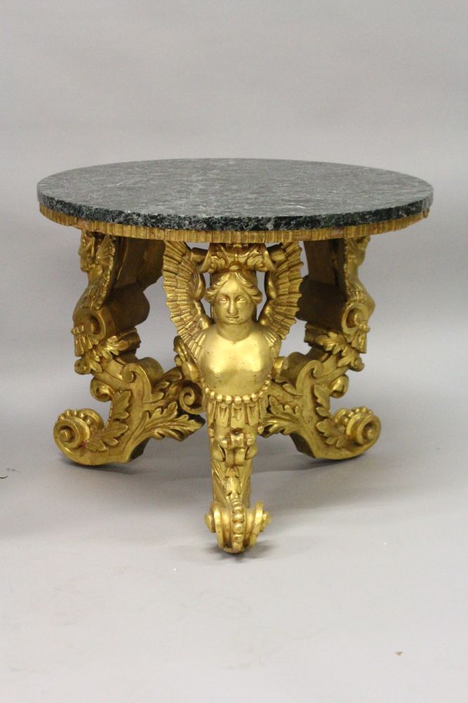 A GOOD PAIR OF 20TH CENTURY CARVED AND GILDED CIRCULAR LOW TABLES, with marble tops, the bases - Image 4 of 6