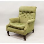 A SHOOLBRED, LONDON MAHOGANY BUTTON BACK ARMCHAIR, stamped '68530' on turned legs, stamped